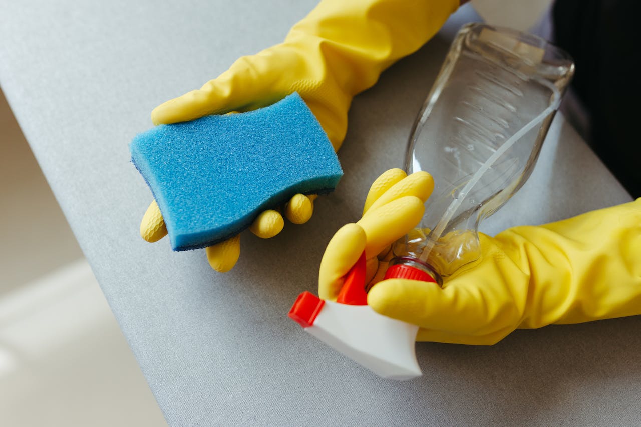 gallery-6 Close-up of hands in gloves holding a sponge and spray bottle for cleaning.